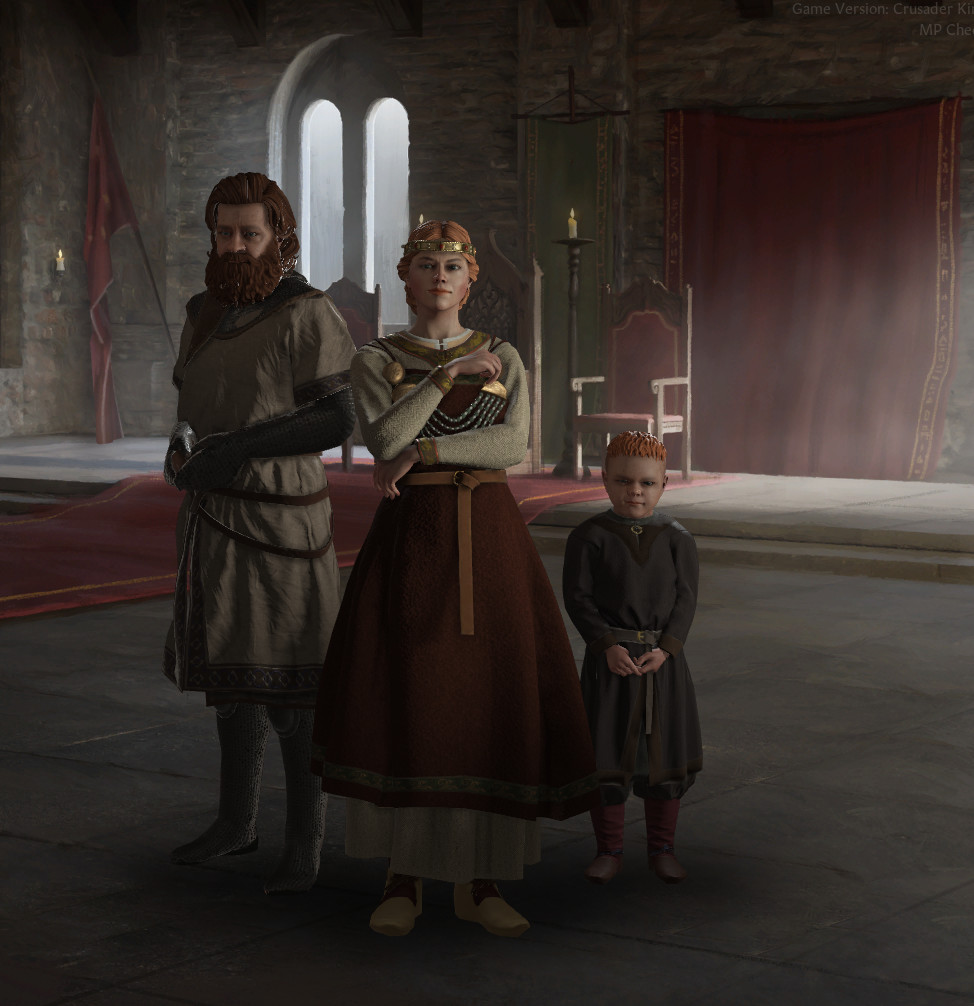 Crusader Kings 3 - un'Alta Regina indossa abiti medievali, accanto a suo marito e giovane erede