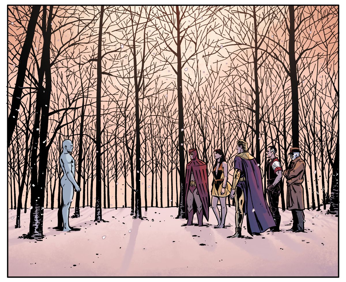 Doctor Manhattan, Nite Owl, Silk Spectre II, Ozymandias, the Comedian e Rorschach si trovano tutti in una foresta innevata, in un pannello di Rorschach, DC Comics. 