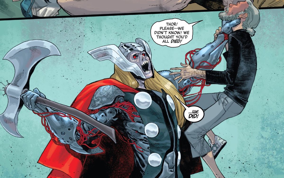 zombie thor attacca tony stark in Spider-Man # 4, Marvel Comics (2020). 