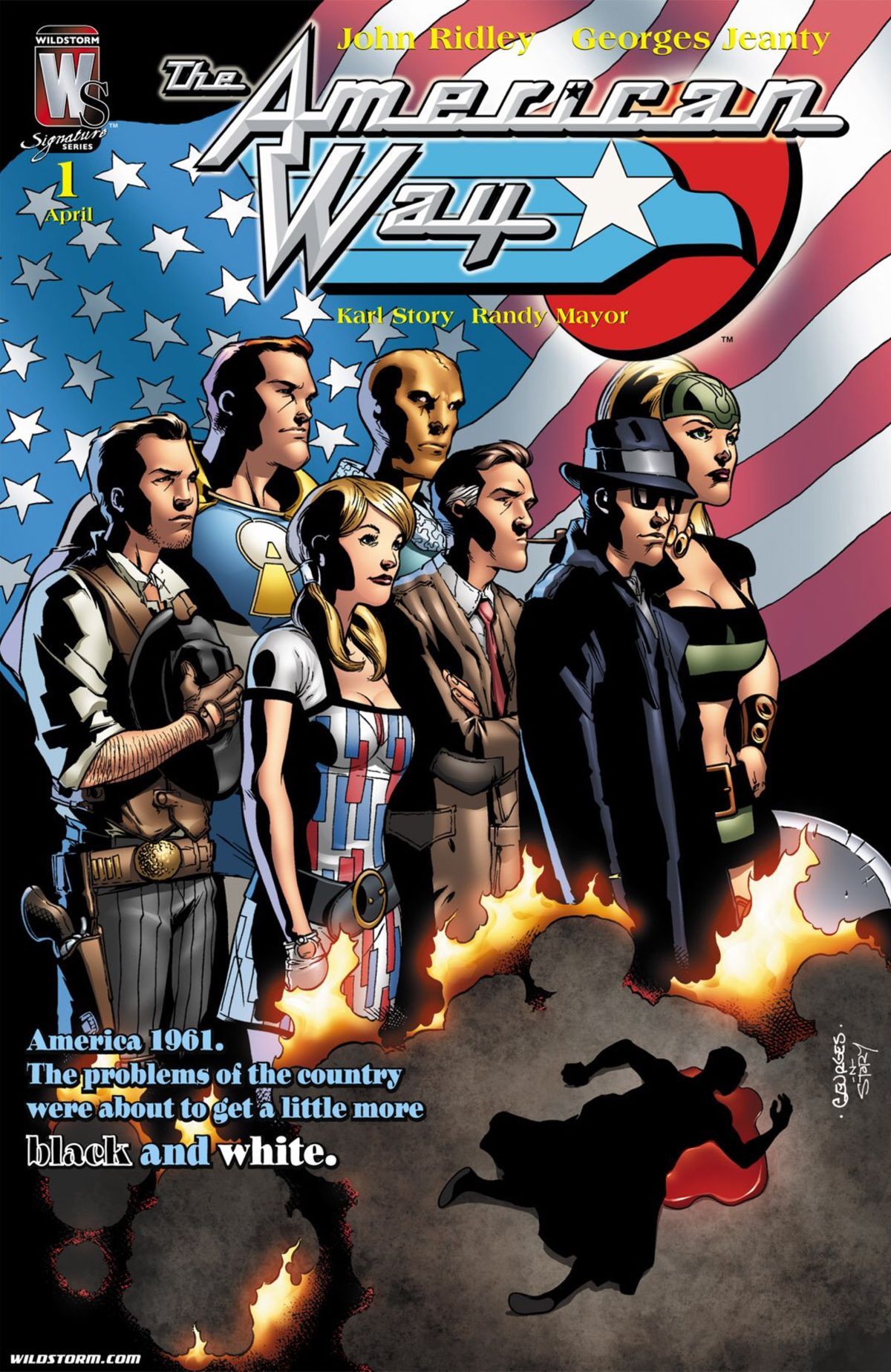 Sette membri bianchi del gruppo di supereroi del Civil Defense Corps stanno di fronte a una bandiera americana sventolante sulla copertina di The American Way, Vol. 1, DC Comics (2006). 