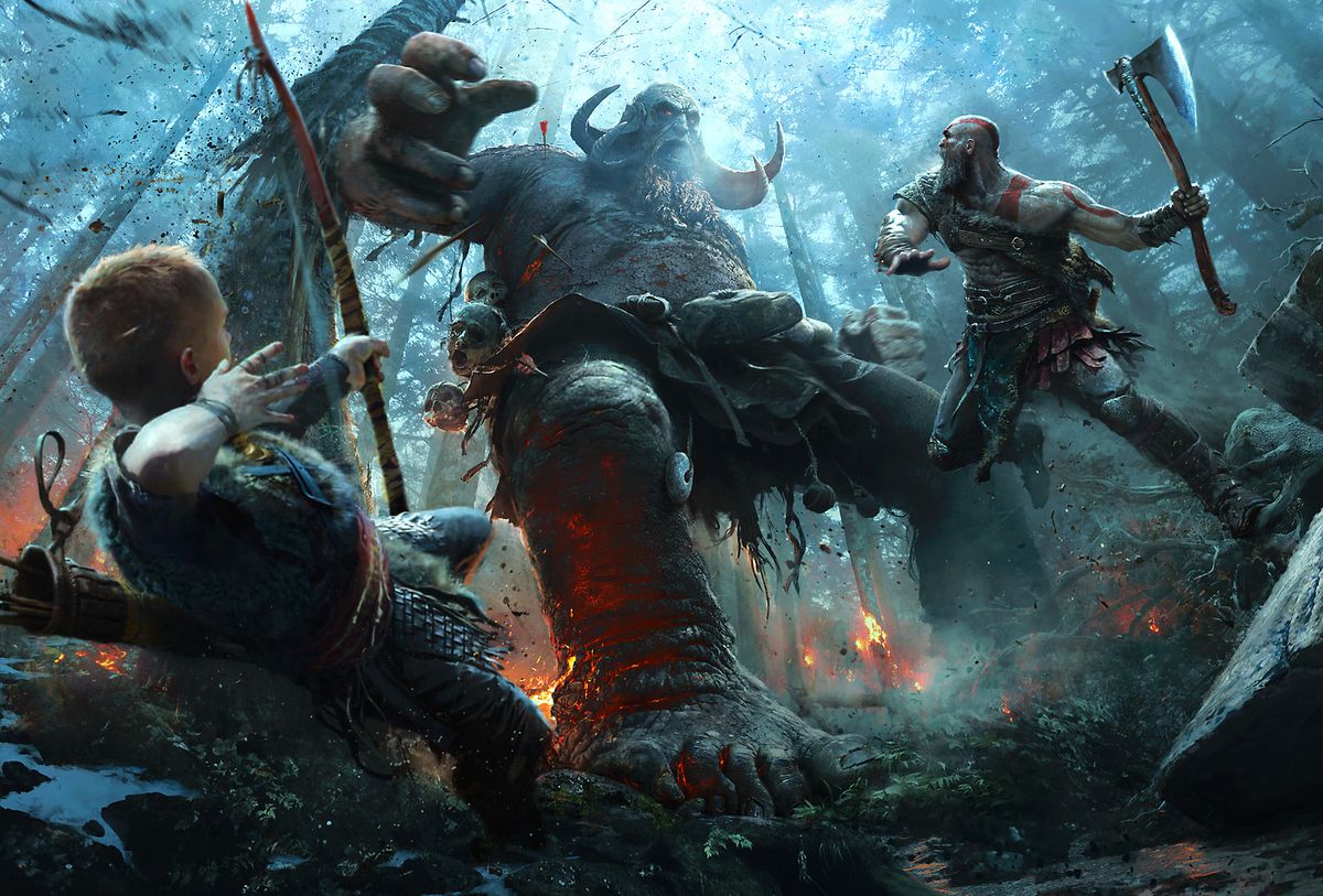 Kratos attacca un gigante in un'opera d'arte di God of War