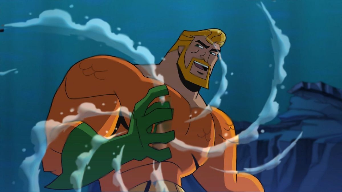 Aquaman della Justice League animata, con l'acqua che vortica intorno a una mano