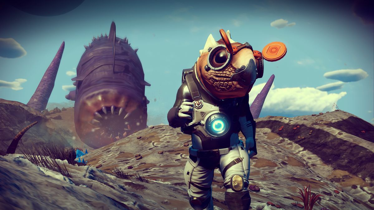 Un gigantesco verme della sabbia insegue un astronauta alieno in uno screenshot di No Man’s Sky: Origins