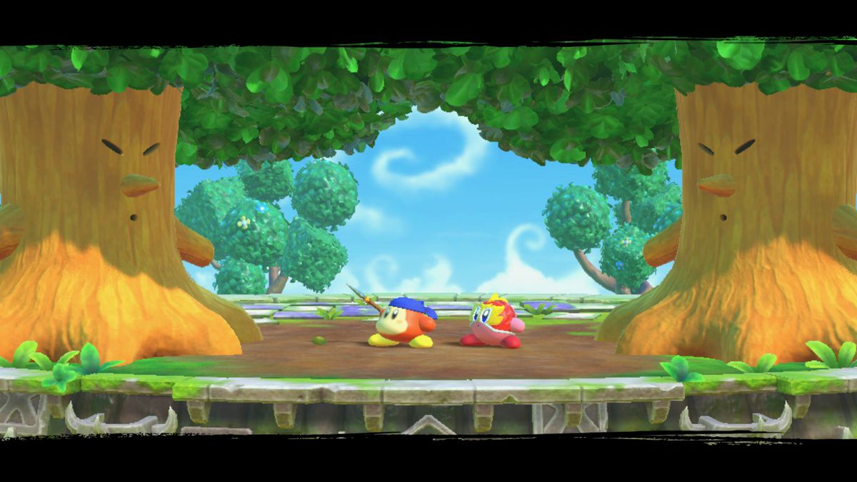 Kirby combatte due grandi alberi