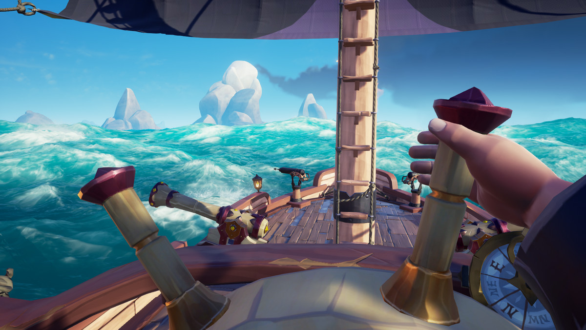 Sea of ​​Thieves: un giocatore che usa la prospettiva in prima persona pilota uno sloop.
