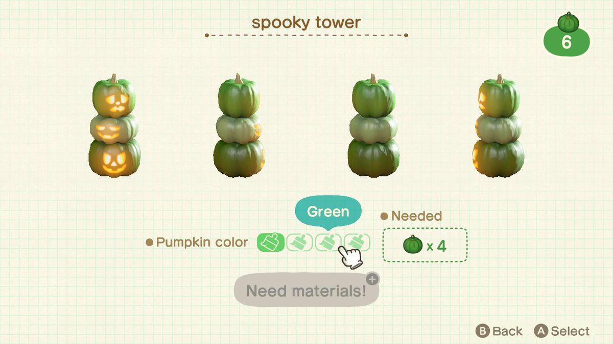 Una schermata di personalizzazione in Animal Crossing: New Horizons, che mostra trasformare una Spooky Tower da verde a arancione.