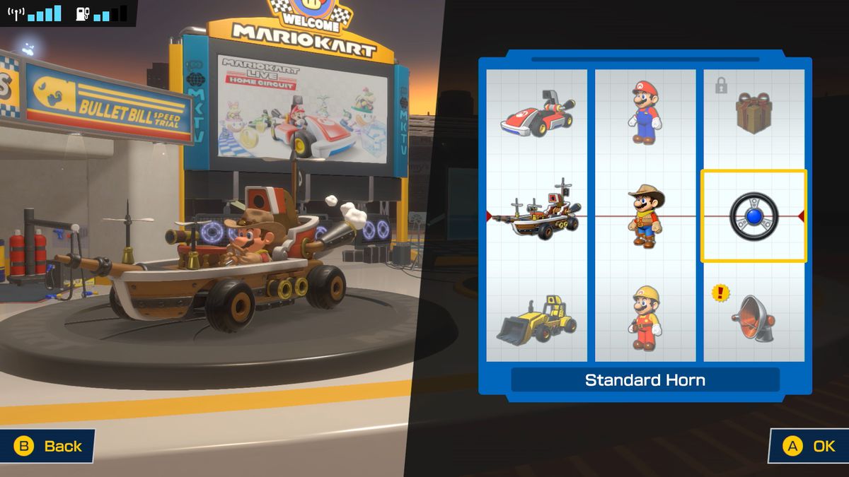 Un menu di personalizzazione da Mario Kart Live: Home Circuit