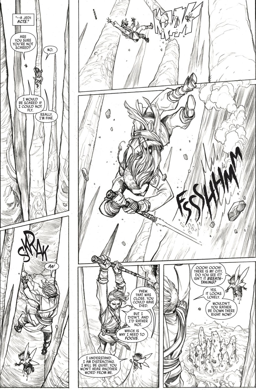 Keeve Trennis cade da un dirupo con la sua spada laser in The High Republic Marvel Comic # 1