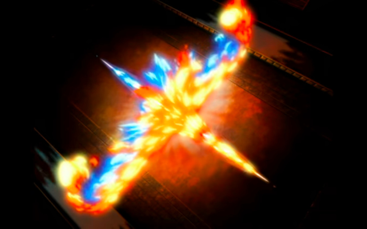 Azula e Zuko si affrontano in ondate di fiamme blu e rosse, in Avatar: The Last Airbender.