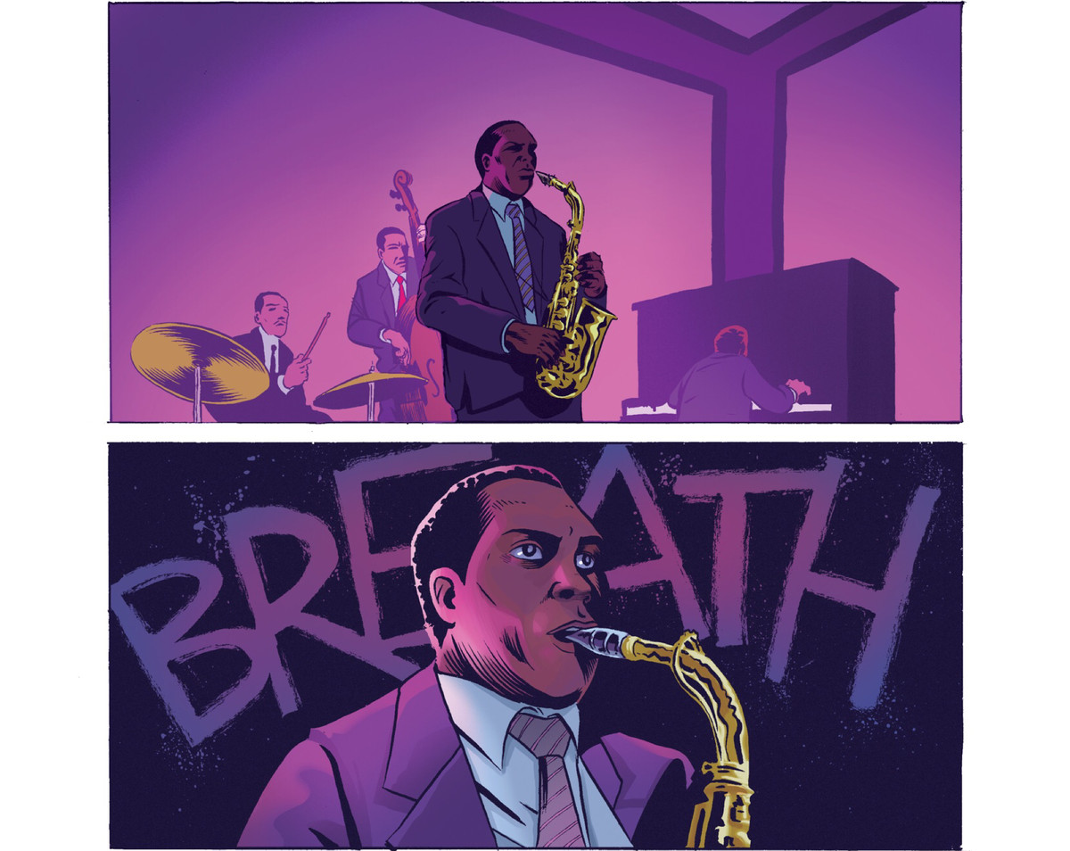 Charlie Parker è in piedi sul palco della band, in procinto di suonare.  Con il bocchino del sassofono tra le labbra, inspira, mentre la parola RESPIRAZIONE è scritta dietro di lui a grandi lettere viola, in Chain 'the Bird, Z2 Comics (2020).