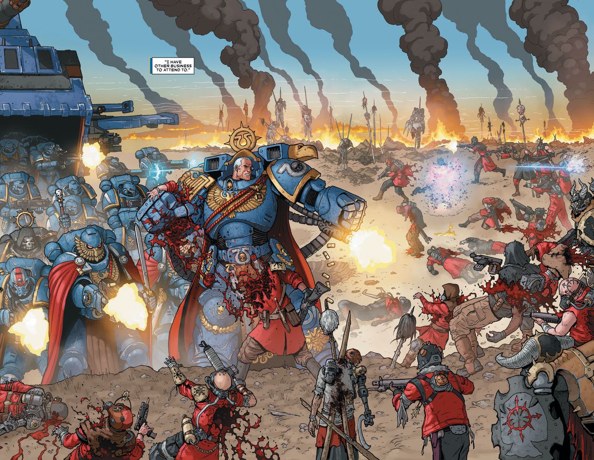 Marneus Calgar e una semi-compagnia di Ultramarines che saltano da una cannoniera Thunderhawk per strappare alcune truppe del Caos generiche, in Warhammer 40,000: Marneus Calgar # 1, Marvel Comics (2020). 