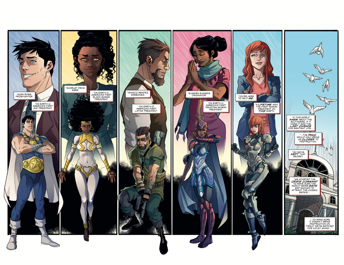 Gli eroi del Crisis Command, un gruppo di guardiani interdimensionali composto dal primo [marginalized identity] presidente delle rispettive Americhe, in Commanders in Crisis # 1, Image Comics (2020). 