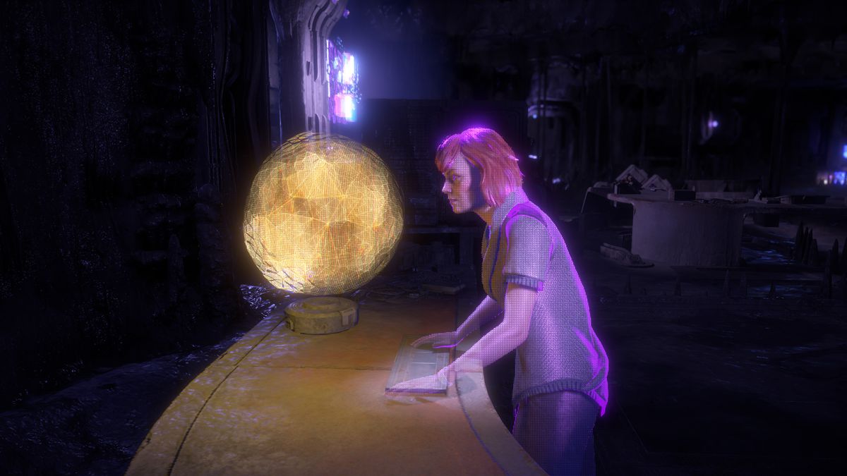 una donna dai capelli rossi parla con un ologramma di una palla gialla, la rappresentazione di Gaia, il Project: Zero Dawn master AI, in Horizon Zero Dawn