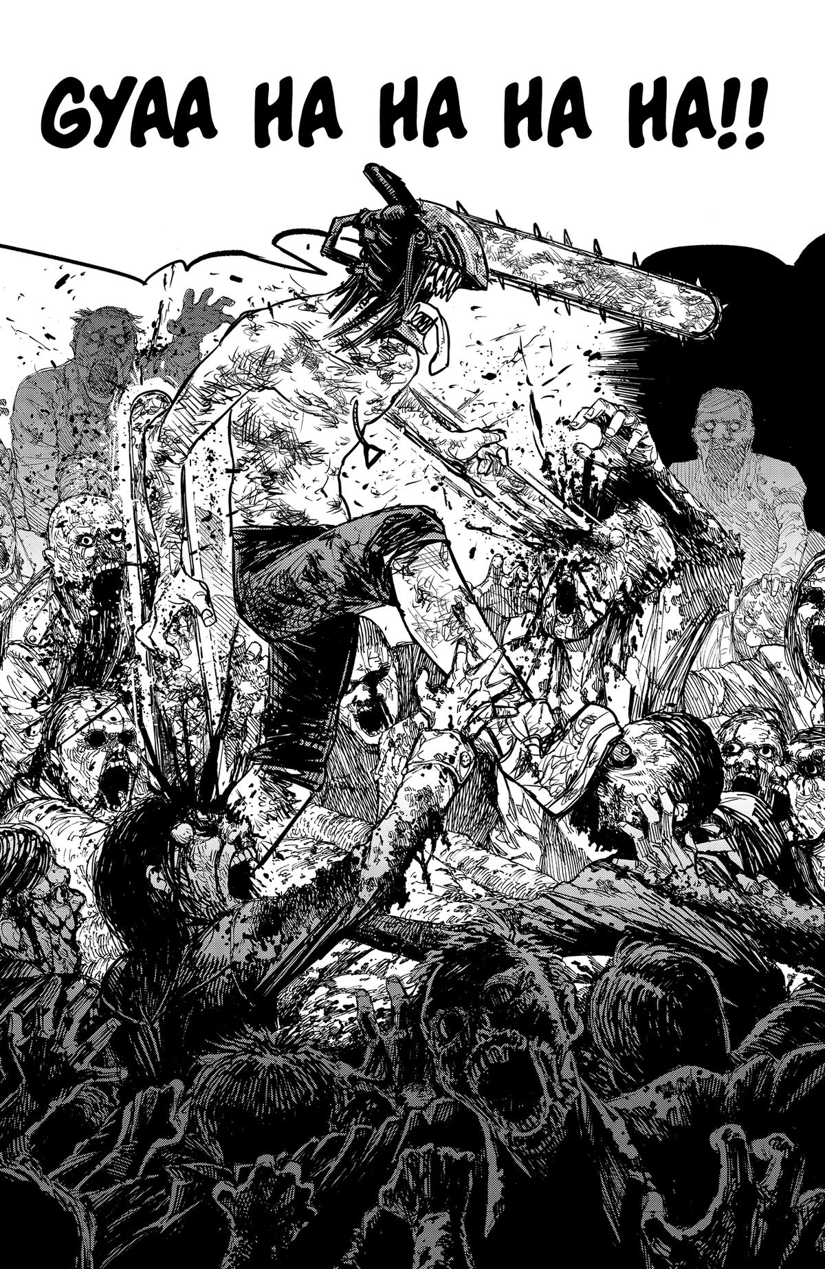 Denji, un uomo con una motosega al posto della testa con altre motoseghe attaccate alle braccia, squarcia dozzine di zombi, spruzzando sangue ovunque in Chainsaw Man volume 1.