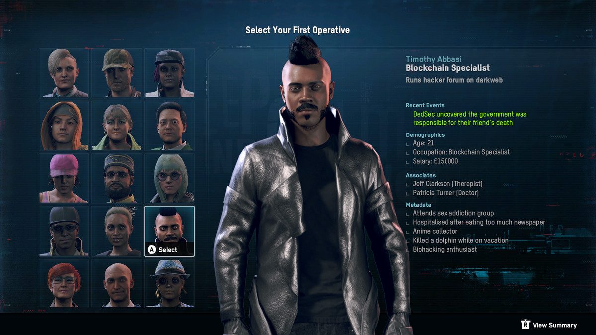 schermata di selezione del personaggio su un giovane con una giacca di pelle nera, con un taglio di capelli punk-mohawk