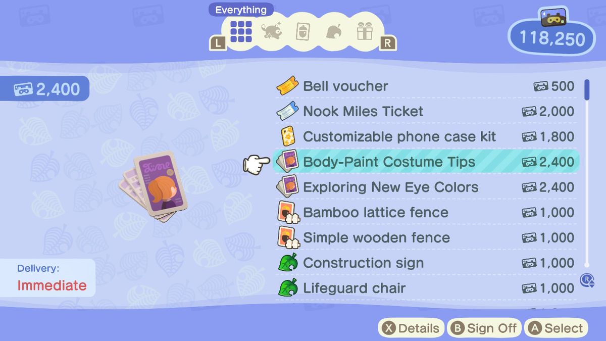 The Nook Stop in Animal Crossing: New Horizons, che mostra due opzioni di colore di Halloween per la personalizzazione del giocatore
