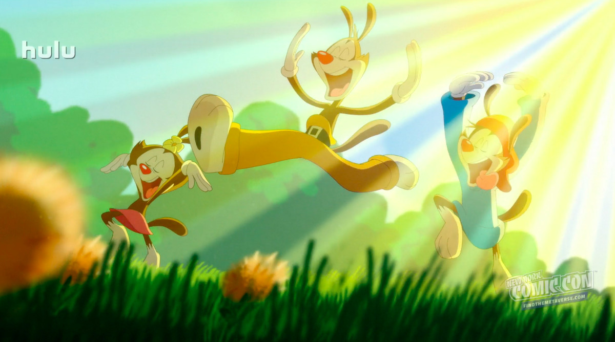 Dot, Yakko e Wakko saltellano alla luce del sole dorato ad Animaniacs