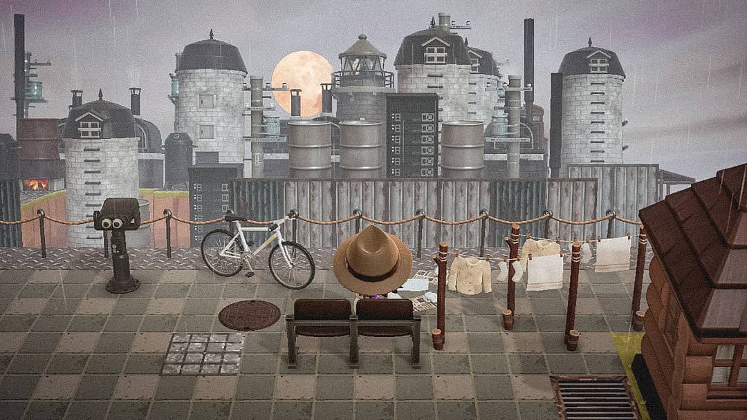 Un abitante di Animal Crossing guarda una città industriale inquinata e murata.