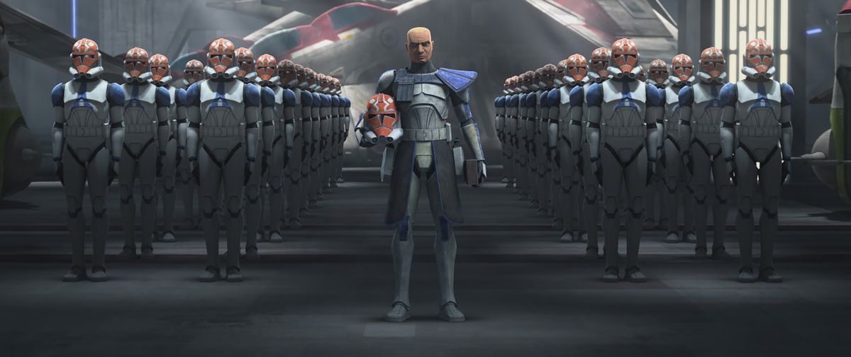 Rex di Star Wars: The Clone Wars in piedi vicino all'esercito dei cloni