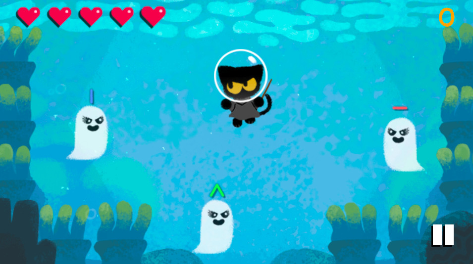 Un piccolo gatto nero in un casco da sub viene avvicinato da fantasmi sott'acqua