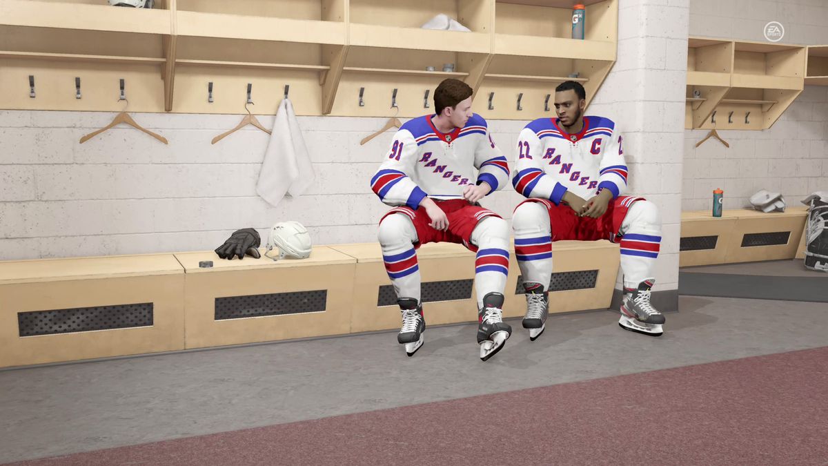 Vitali Kravtsov e Samit Sarkar dei New York Rangers seduti in uno spogliatoio in Be a Pro di NHL 21