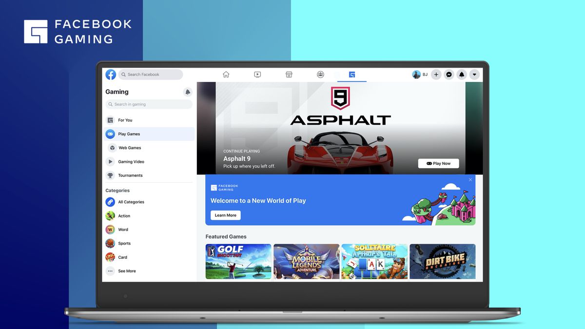Il nuovo look della scheda di gioco di Facebook, inclusa una per Ashpalt 9: Legends.