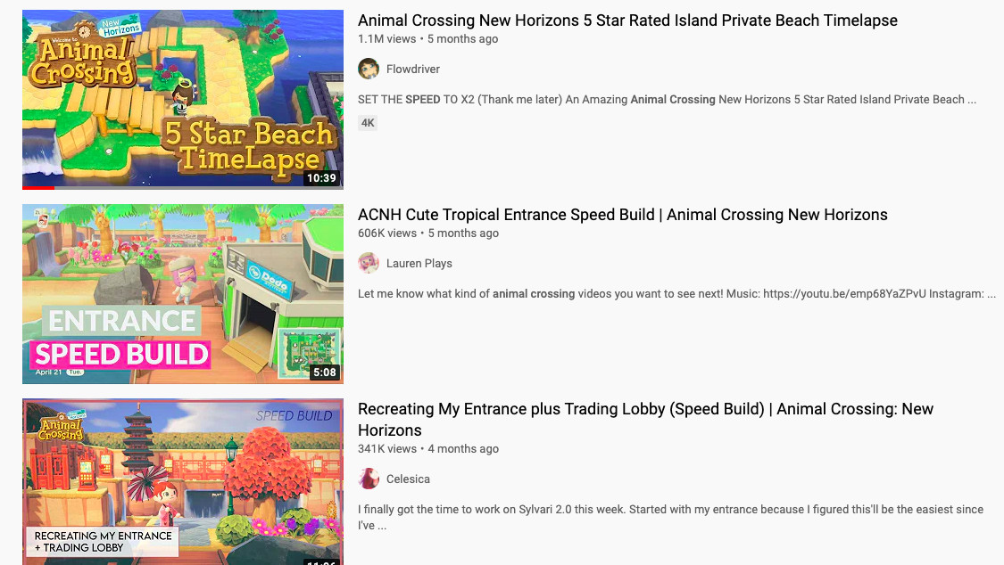 Risultati di YouTube quando cerchi build di velocità di Animal Crossing.