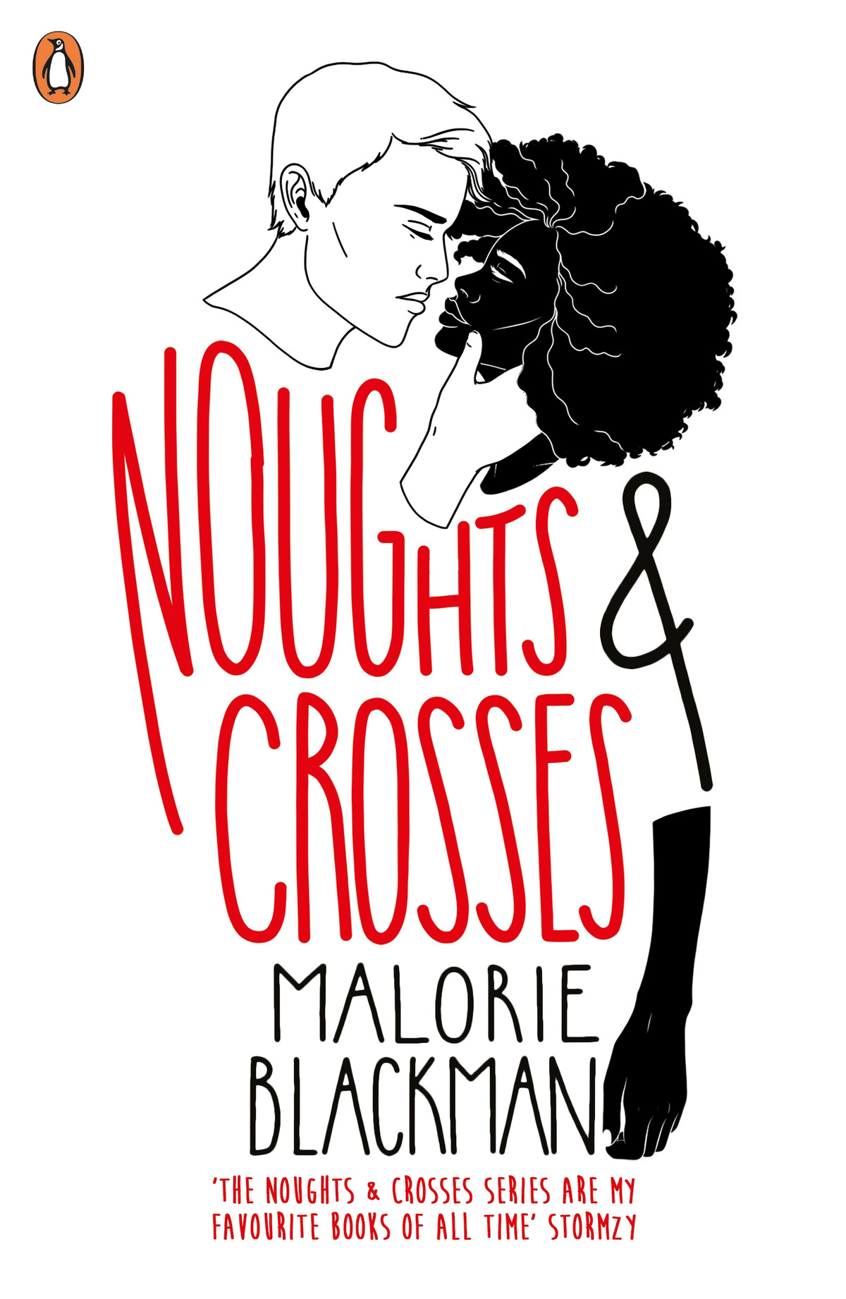 La copertina della ristampa britannica di Noughts & Crosses di Malorie Blackman, con un uomo bianco che accarezza il viso di una donna di colore