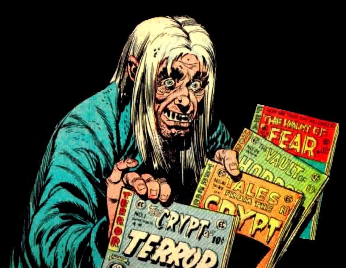Il sogghignante Cryptkeeper offre allo spettatore una selezione di titoli horror di EC Comics. 