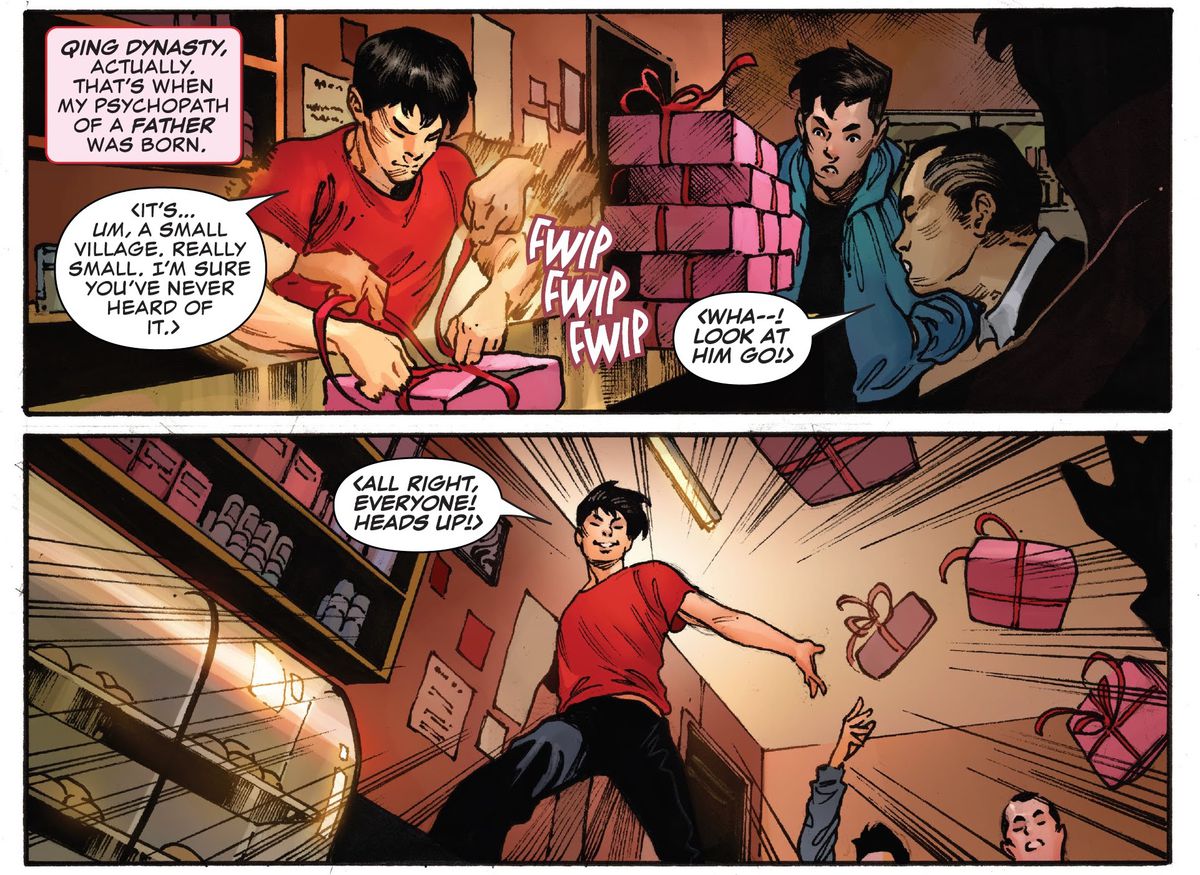 shang-chi serve alcuni pasticcini cinesi usando la sua super forza da Shang-Chi # 1 Marvel 2020