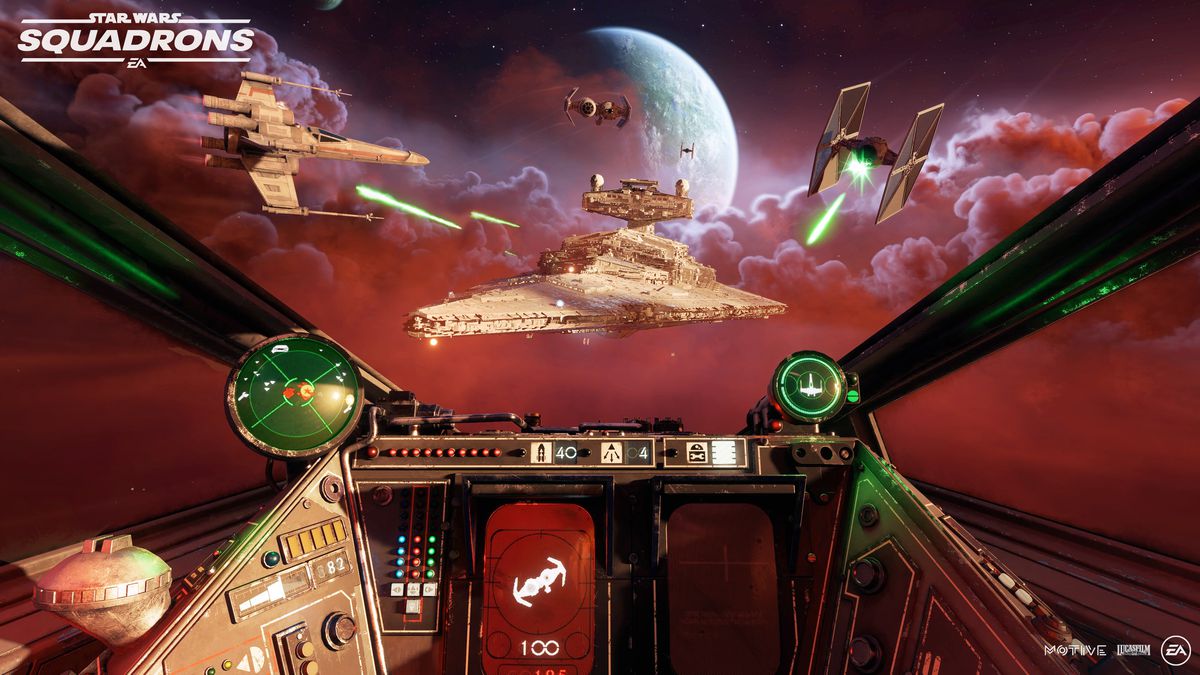 Una vista dall'interno di una cabina di pilotaggio X-wing in Star Wars: Squadrons