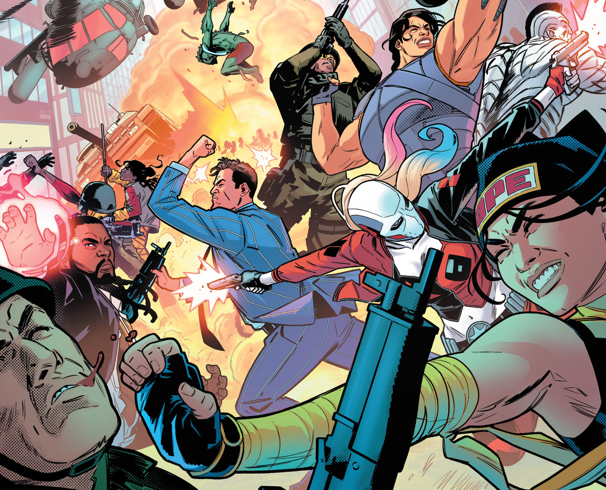 Suicide Squad combatte soldati armati in un tripudio di colori e pugni in Suicide Squad # 10, DC Comics (2020). 