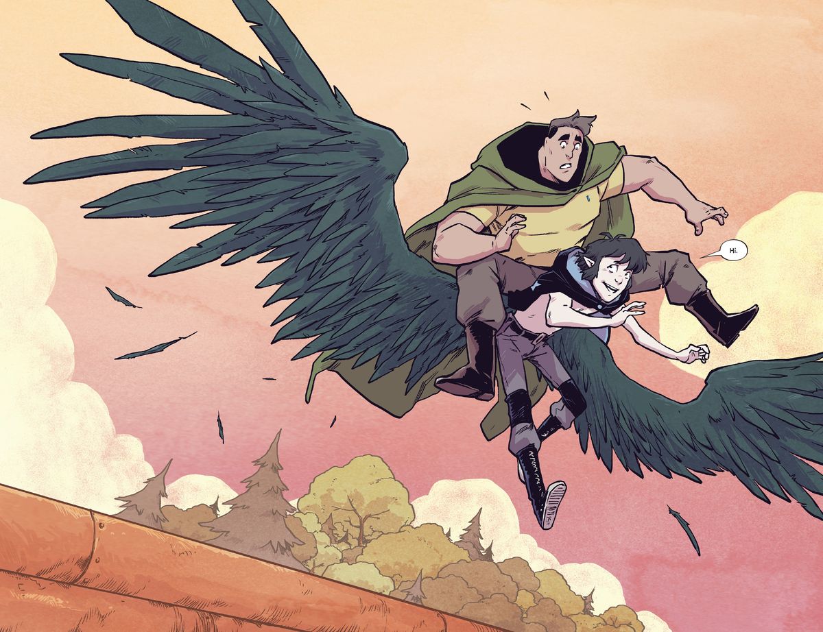 Wynd usa le sue nuove ali per la prima volta per salvare i suoi amici in Wynd # 5, Boom Studios (2020). 