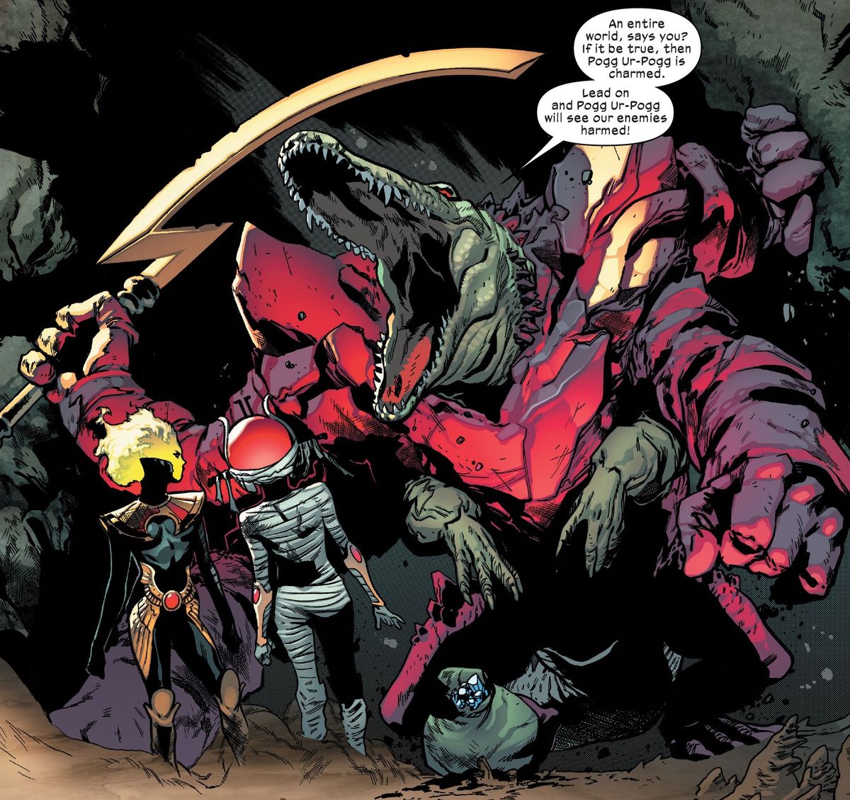 Pogg Ur-Pogg brandisce la sua spada, Pogg Ur-Pogg, mentre dichiara che si unirà ai portatori di spada di Arakko, in X of Swords: Stasis, Marvel Comics (2020). 