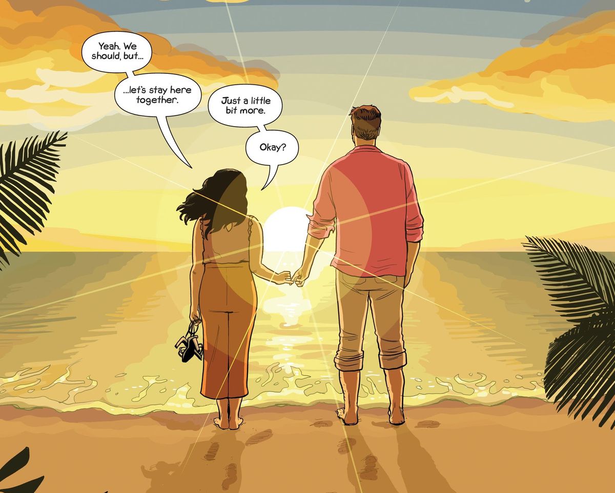 Suzie e Jon sono sulla spiaggia all'alba, legati ai mignoli, in Sex Criminals # 69, Image Comics (2020). 