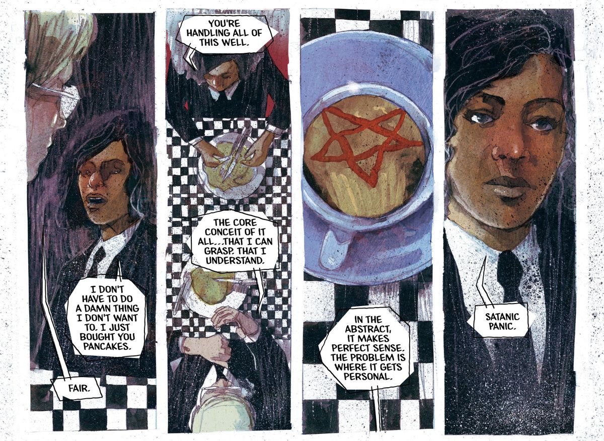 Cole spiega che quello che ora sa, come agente del Dipartimento della Verità, ha una componente personale per lui: The Satanic Panic, in The Department of Truth # 2, Image Comics (2020). 