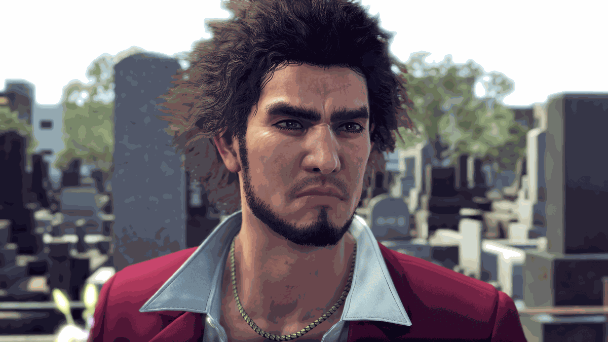 Yakuza: Like a Dragon’s protagonist Ichiban, looking solemn while standing in a graveyard
