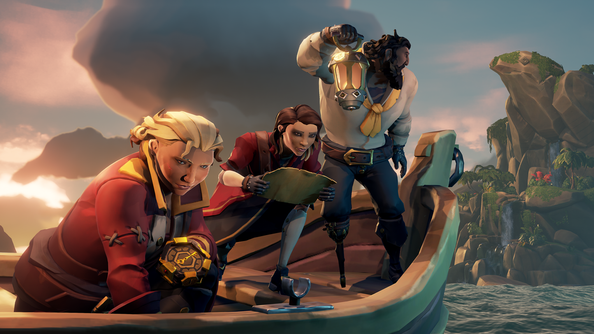 Three characters in a small boat in the video game “Sea of Thieves”