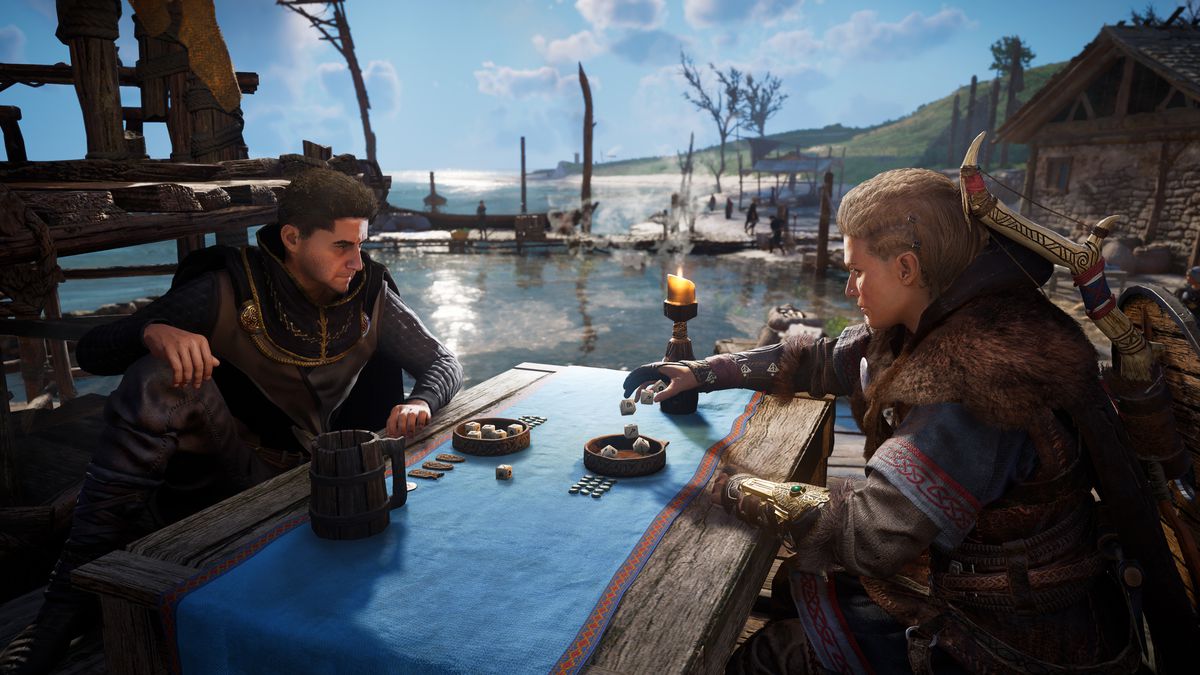 Eivor playing a game of dice on the waterfront