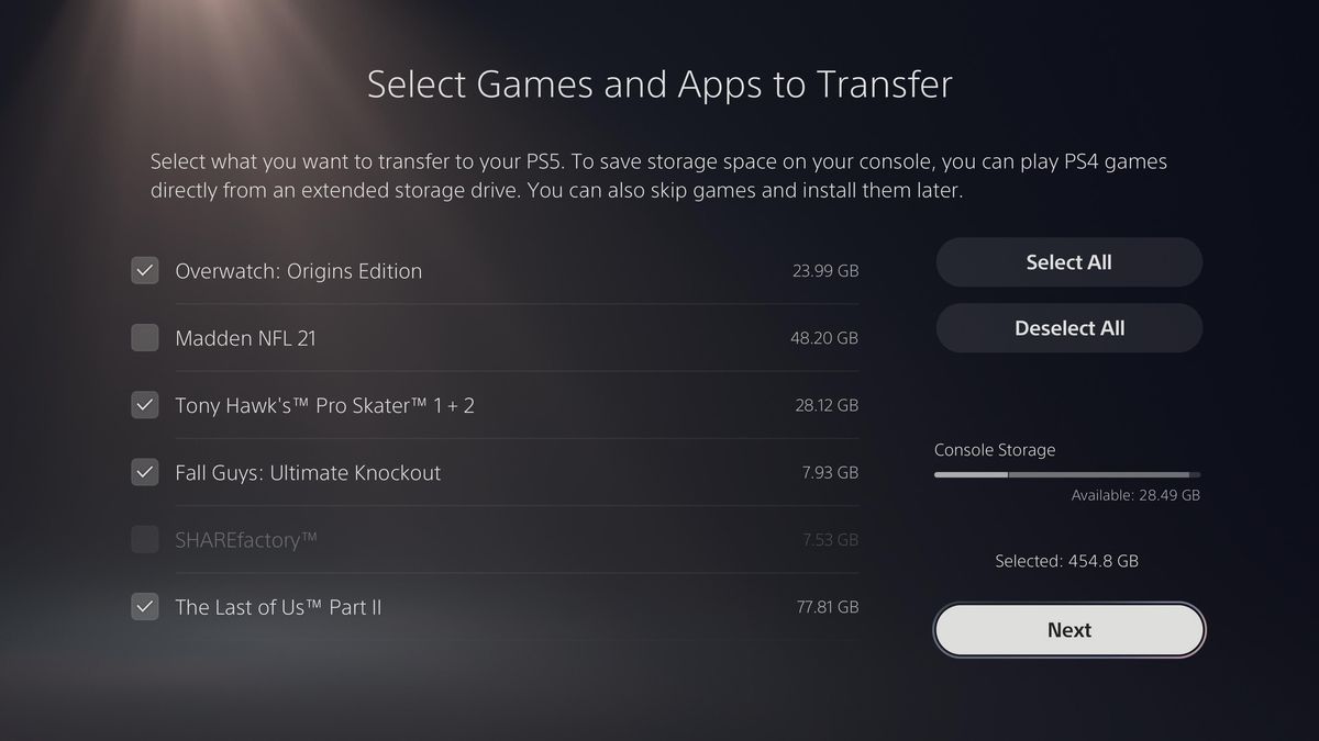 selecting PS4 games and apps to transfer to a PS5