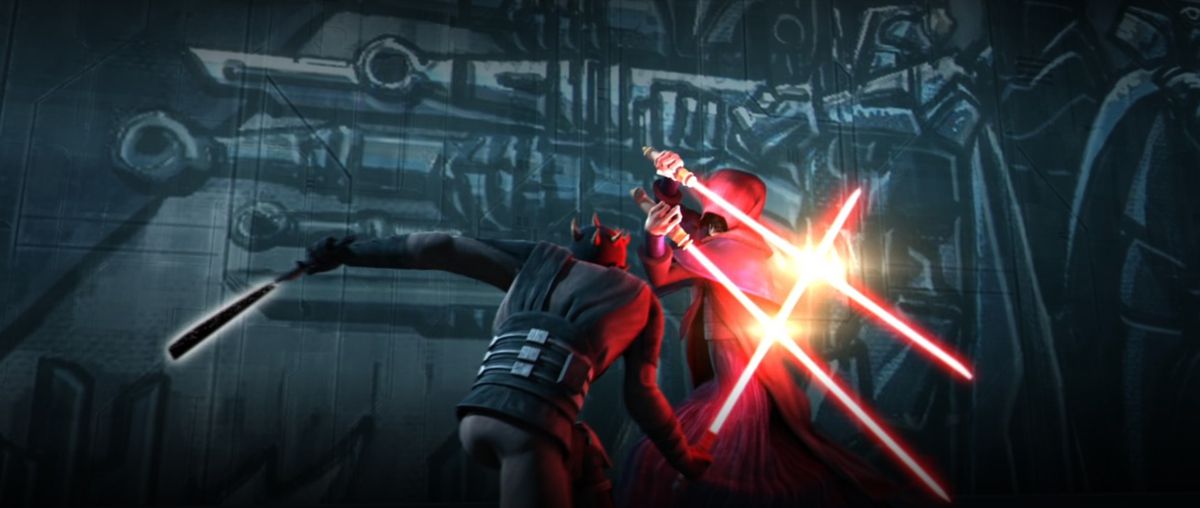 Darth Maul affronta Darth Sidious.  Sidious ha due spade laser rosse, mentre Maul ha una sciabola rossa e la Darksaber nella sua mano secondaria. 