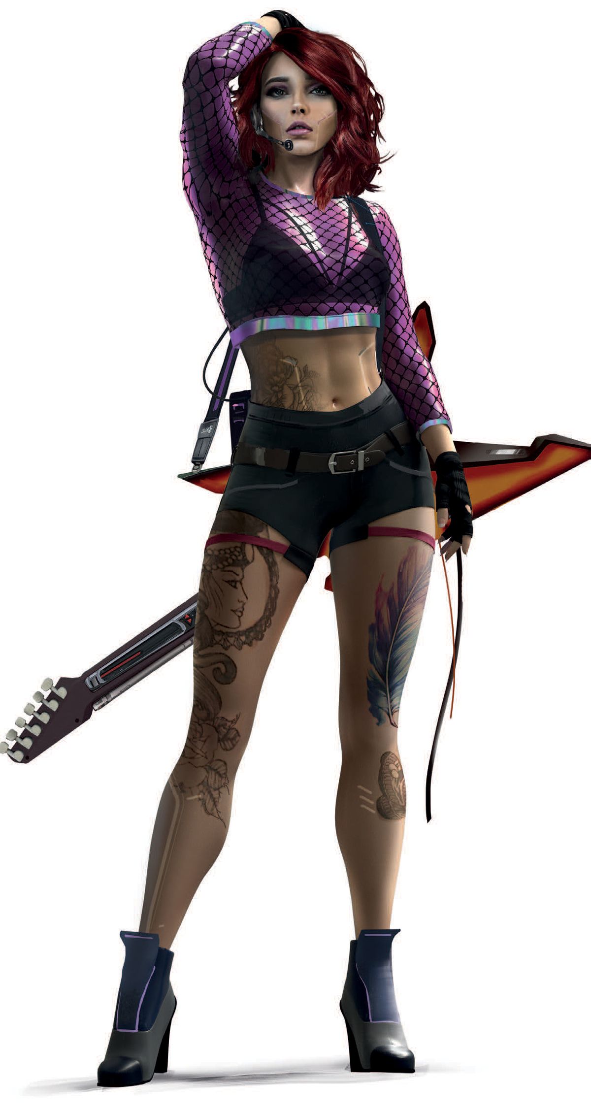 Una donna tatuata con una chitarra e un microfono.