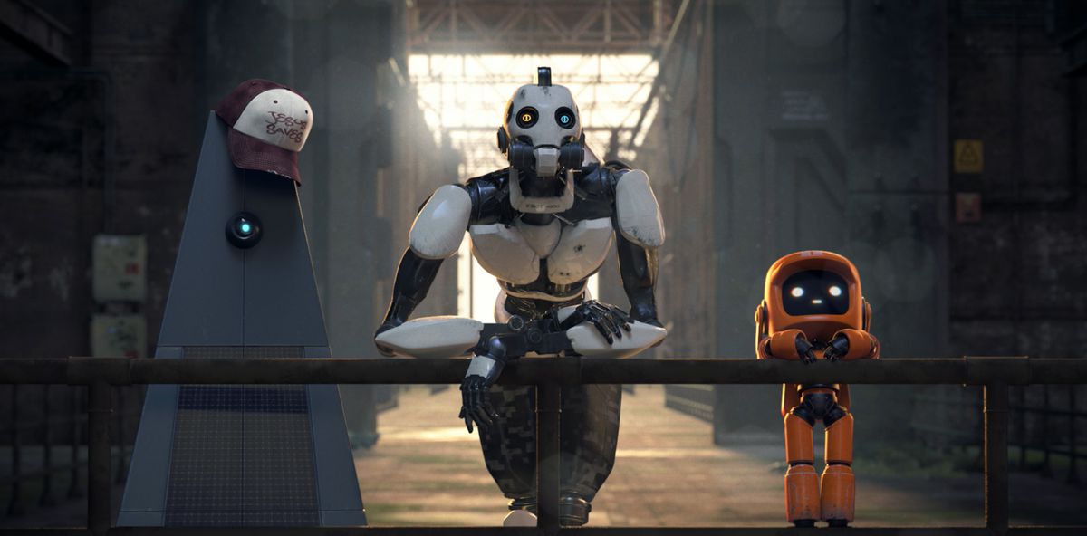 Tre robot si appoggiano speculativamente a una ringhiera nell'episodio 
