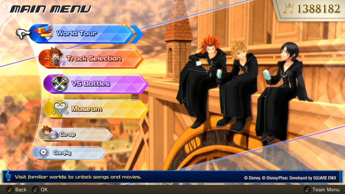 In una schermata di selezione del menu per Kingdom Hearts: Melody of Memory, Axel, Roxas e Xion sono mostrati sulla destra, sdraiati insieme sulla torre dell'orologio e mangiando gelato al sale marino