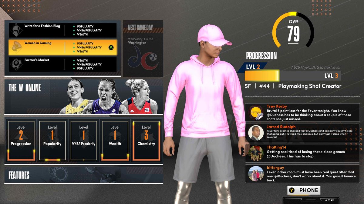 schermata di gestione dei personaggi in NBA 2K21 The W