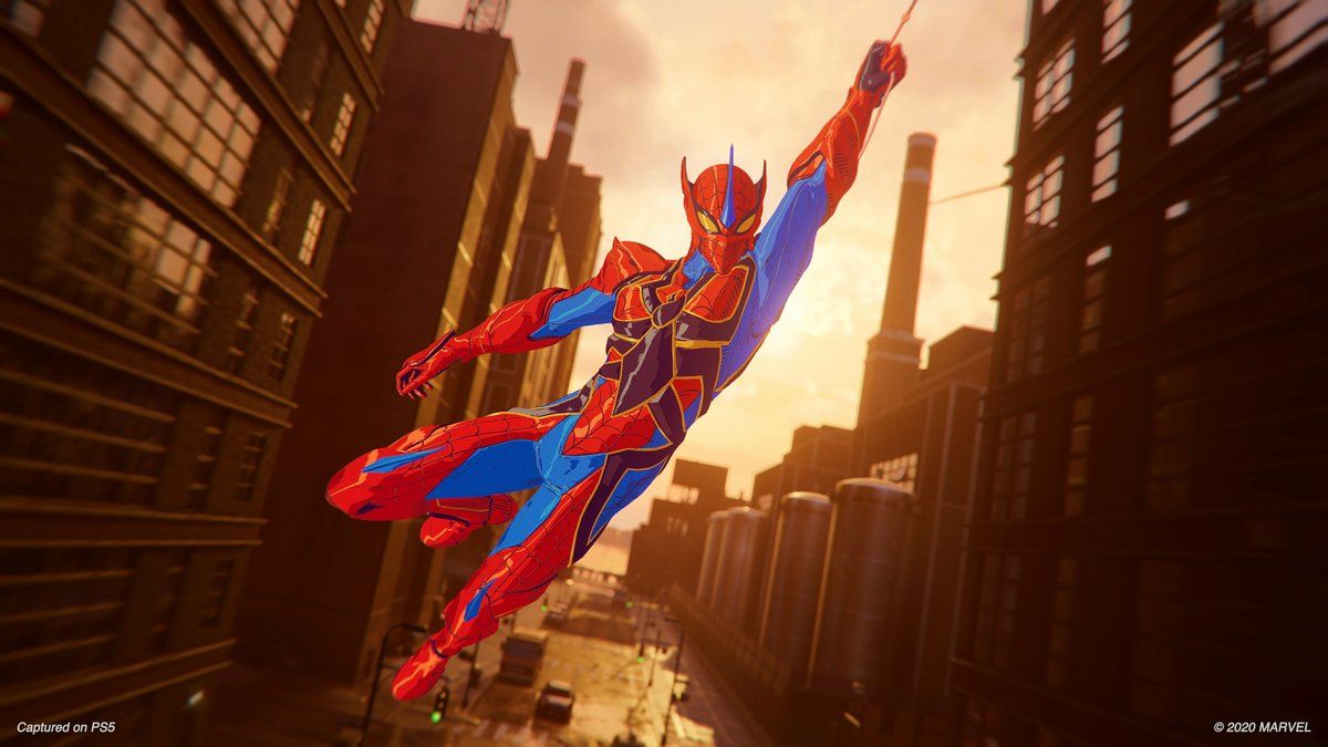Peter parker in the tonkusatsu-inspired Arachnid Rider suit in Marvel’s Spider-Man Remastered. 