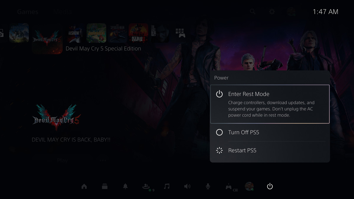 the power options in the PS5’s Control Center: Enter Rest Mode, Turn Off PS5, and Restart PS5