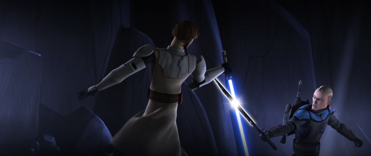 Obi-Wan ha una spada laser blu che è incrociata con Darksaber di Pre Vizsla