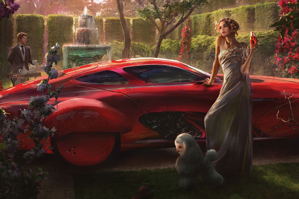 Una donna in un giardino sontuoso è davanti a un'auto rossa, il suo barboncino in primo piano.