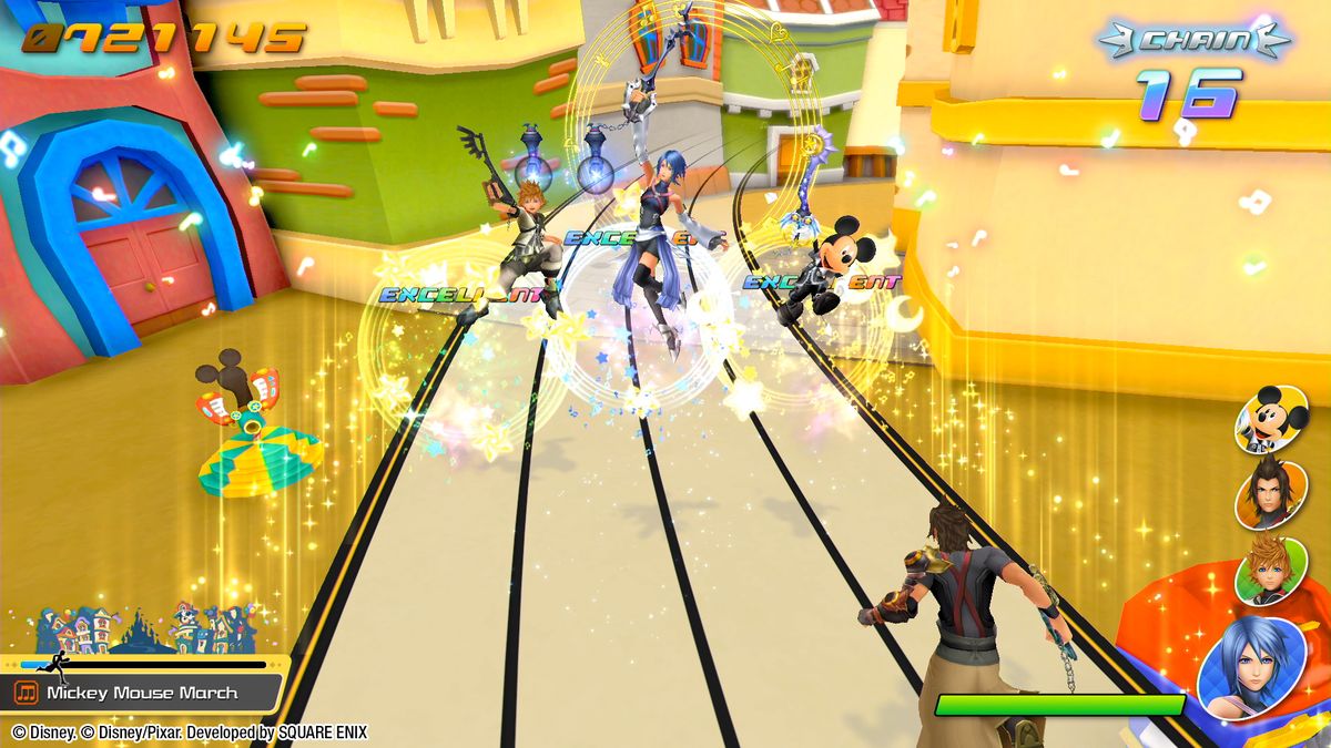 Vari personaggi di Kingdom Hearts sollevano i loro keyblade per festeggiare durante il livello Melody of Memory